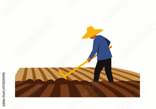 An illustration of a farmer in a conical hat working in a field with a rake, tending to the soil.