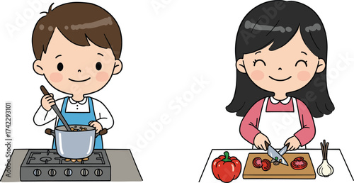 Children cooking together, cartoon boy stirring pot, cartoon girl slicing vegetables, kitchen teamwork, healthy food preparation, culinary skills, kids chef scene