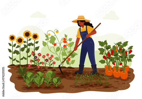 A woman in overalls and a hat is tending to her garden with a hoe, surrounded by vegetables, sunflowers, and tomato plants.