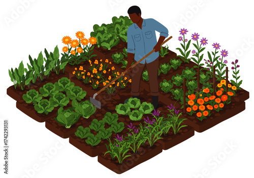 An African-American man is gardening in a square plot with various vegetables and flowers, using a hoe to till the soil.