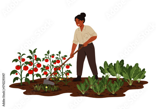 A woman with dark hair, wearing a light shirt, is gardening with a hoe amongst tomato and leafy green plants.