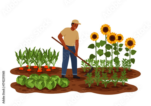 A farmer tends to his vegetable garden, using a rake near sunflowers, carrots, and lettuce.