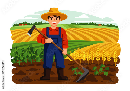 Cartoon illustration of a smiling farmer in overalls and hat holding a hoe in a field with crops and a rural background.