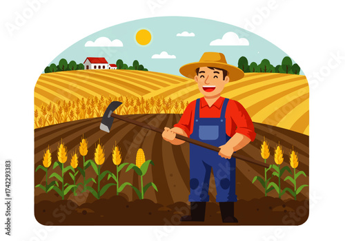 A smiling farmer in overalls stands in a cornfield holding a hoe under a sunny sky.