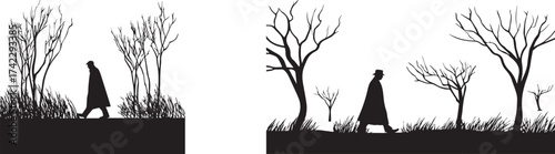 Silhouette person walking in forest black and white landscape nature photography
