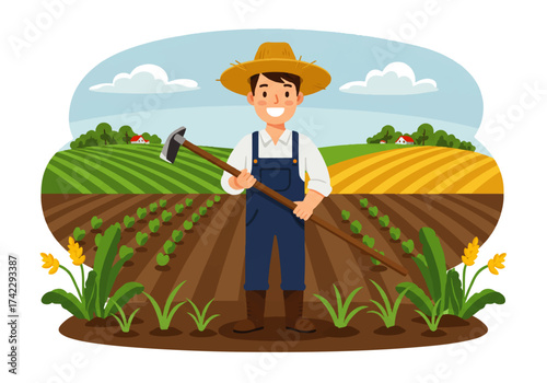 Cartoon illustration of a smiling farmer holding a hoe in a field with rows of crops and a rural landscape backdrop.