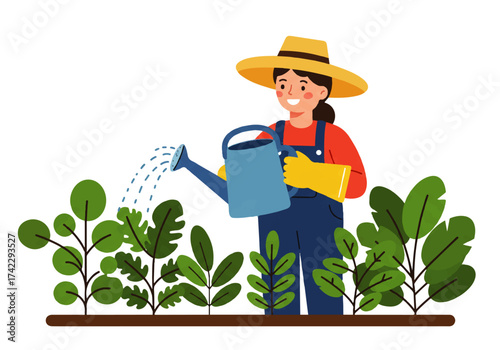 A smiling woman wearing a hat and gloves waters plants in a garden with a blue watering can.