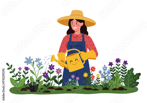 A smiling woman with a hat and gloves waters flowers in a garden using a yellow watering can with a happy face.