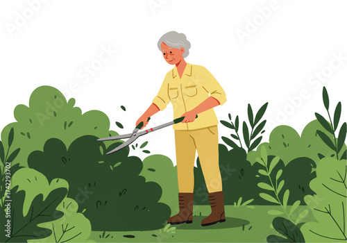 Elderly woman with gray hair trimming a green bush with garden shears in a bright outdoor setting.