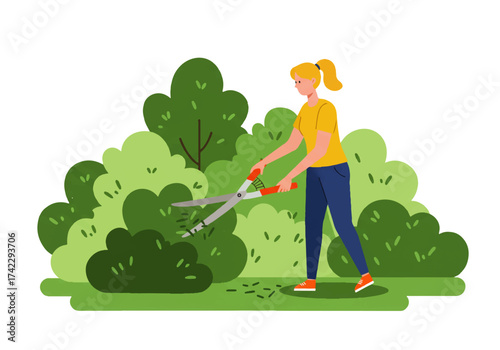 A woman with blonde hair is trimming a green bush with large shears in a garden setting.