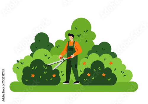 Gardener trimming bushes with shears in a garden, wearing overalls and an orange shirt.