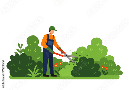 Gardener trimming bushes with shears in a garden setting, wearing overalls and a cap, against a white background.