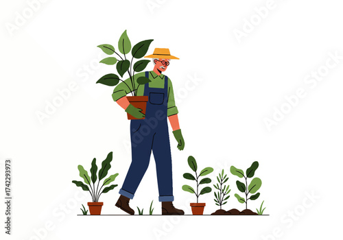 A gardener wearing overalls and a hat carries a potted plant while walking through a garden with other potted plants.
