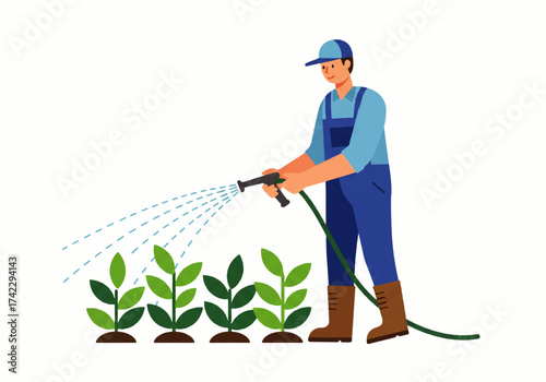 A man in overalls and boots waters a row of green plants with a hose on a white background.