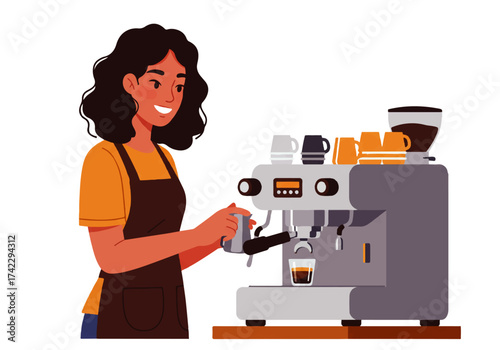 A young woman with curly hair smiles while preparing espresso using a professional coffee machine in a cafe.