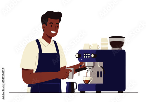 A smiling barista with dark skin prepares espresso using a blue coffee machine, holding a cup, wearing an apron.