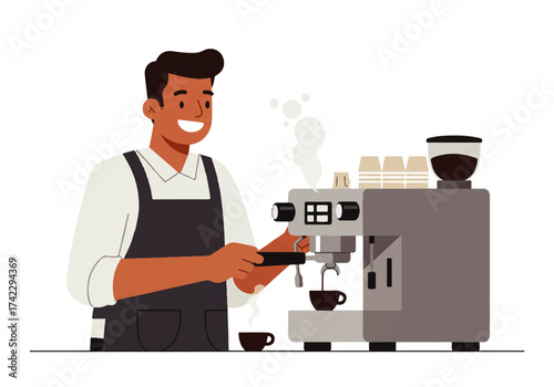 A smiling barista in an apron prepares coffee using an espresso machine, with cups stacked nearby.