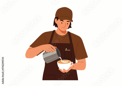 A barista wearing an apron and cap skillfully pours milk into a cup of coffee, creating latte art.