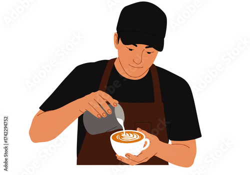 Barista pouring milk into a cup of coffee, creating latte art in a white mug held in his hands.