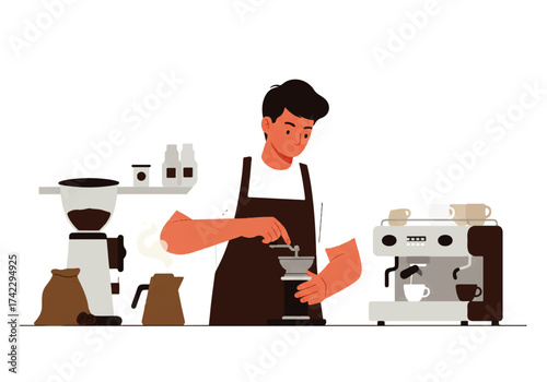 Barista grinding coffee beans at a coffee shop, preparing a beverage with an espresso machine.