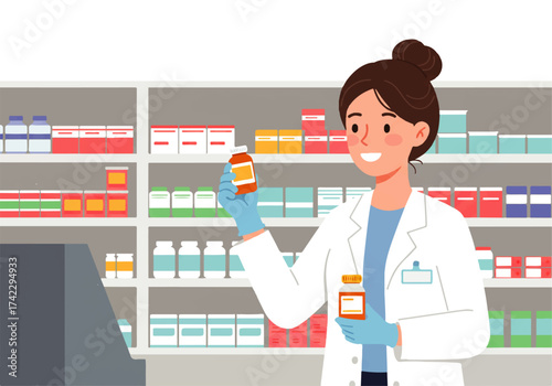A smiling female pharmacist in a white coat and gloves holds two bottles of medication in front of shelves stocked with various pharmaceutical products.