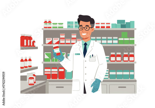 A pharmacist in a white coat and gloves holds a medicine bottle in front of shelves filled with various medications.