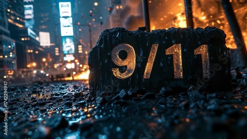 Fire engine driving past a damaged urban area with a 9/11 sign in the foreground, showing rubble, smoke, and destruction in the aftermath of a disaster scene