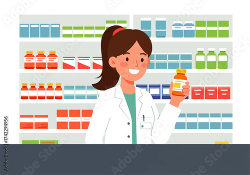 Smiling female pharmacist holds a bottle of medication in front of shelves stocked with various pharmaceutical products in a pharmacy.