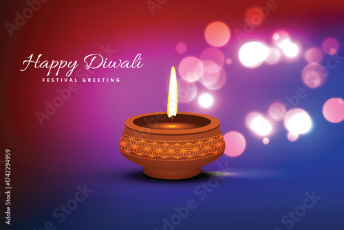 Colorful Diwali greetings diya lamp glowing with bokeh background illustration.