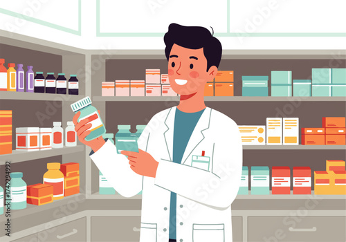 Smiling pharmacist in white coat points to medicine bottle in a pharmacy with shelves stocked with various medications.