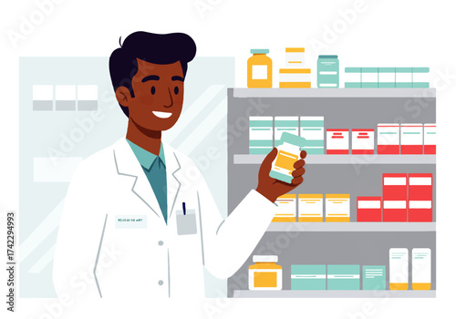 Smiling pharmacist holding a medication bottle in front of shelves stocked with various pharmaceutical products.