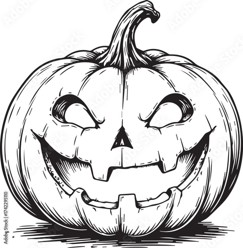A detailed illustration of a carved pumpkin, a quintessential symbol of Halloween. Depicting a jack-o'-lantern, with grinning face. The image radiates a spooky and festive vibe.