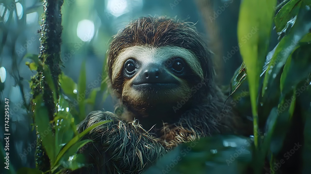 Fototapeta premium Adorable young sloth nestled among lush green jungle foliage looking curiously at the