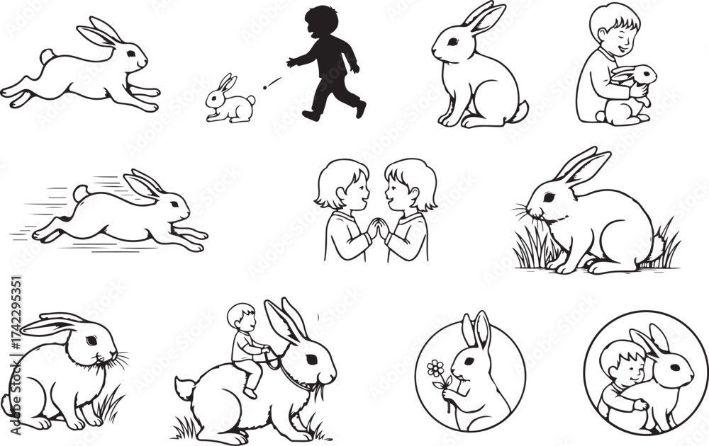 Fototapeta premium Engraving Child and Rabbits sketch hand drawn line art Silhouettes vector art illustration. 