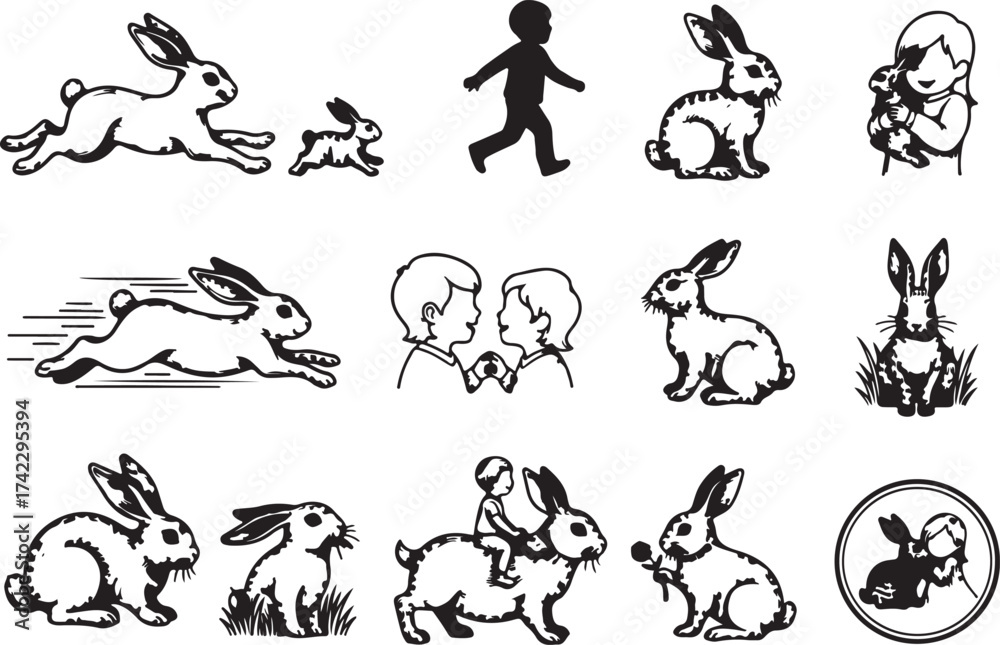 Obraz premium Engraving Child and Rabbits sketch hand drawn line art Silhouettes vector art illustration. 