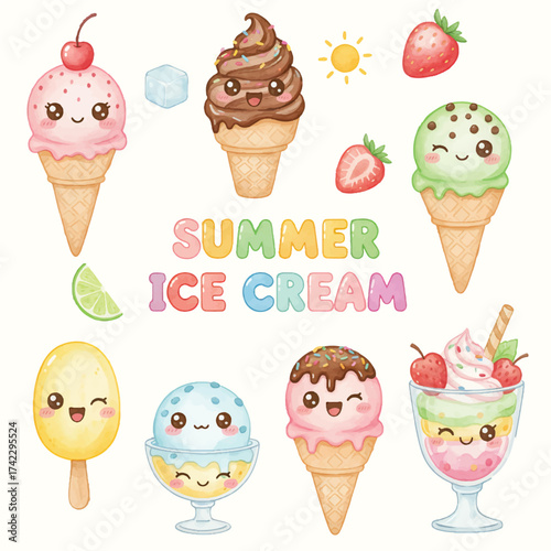 set of collection watercolor kawai ice cream autumn clipart