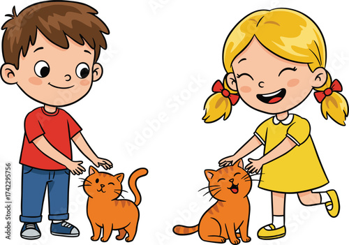 Children petting orange cats, cartoon boy and girl, smiling kids, animal care, fluffy tails, cheerful scene, pet interaction, feline friendship