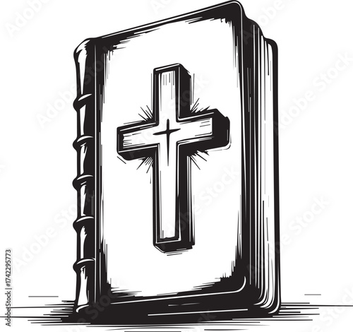 An illustration of a sacred book prominently displaying a cross, conveying themes of faith, spirituality, and religious devotion.