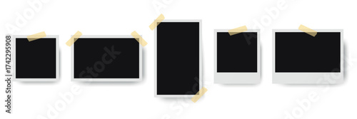 Empty retro photo frames with ribbon. Vintage templates for scrapbook or memory album. Realistic vector illustration with white borders on white background.