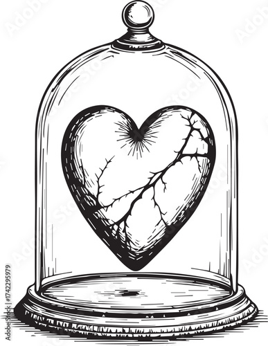 An intricate illustration depicts a delicate, fragile heart encased within a glass cloche. The image evokes feelings of vulnerability and the careful preservation of love.
