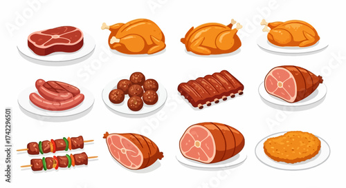 Twelve food illustrations depict various meats steak roasts ribs sausages meatballs shish kebabs fried chicken