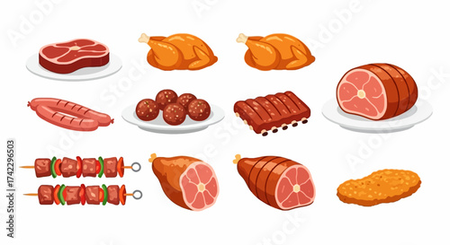 Twelve food illustrations depict various meats steak roasts ribs sausages meatballs shish kebabs fried chicken
