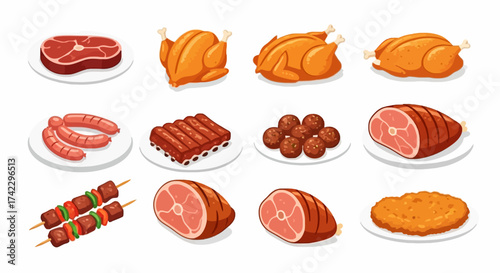 Twelve food illustrations depict various meats steak roasts ribs sausages meatballs shish kebabs fried chicken