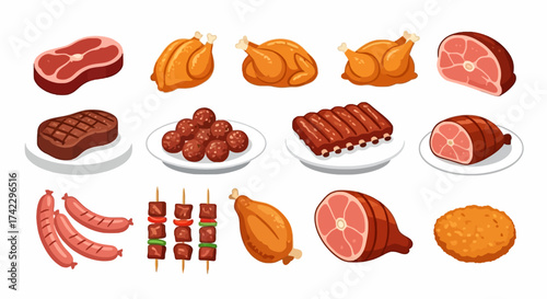Twelve food illustrations depict various meats steak roasts ribs sausages meatballs shish kebabs fried chicken