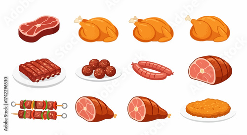 Twelve food illustrations depict various meats steak roasts ribs sausages meatballs shish kebabs fried chicken