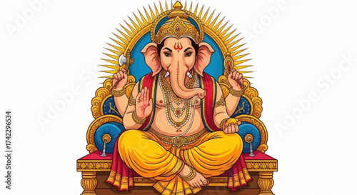 Ganesha sits crosslegged on a throne holding tools against a gold nimbus