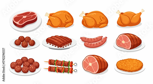 Twelve food illustrations depict various meats steak roasts ribs sausages meatballs shish kebabs fried chicken