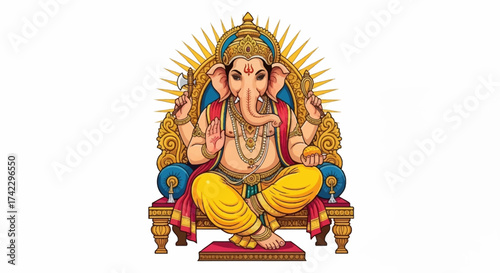 Ganesha sits crosslegged on a throne holding tools against a gold nimbus
