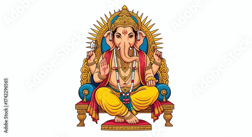 Ganesha sits crosslegged on a throne holding tools against a gold nimbus