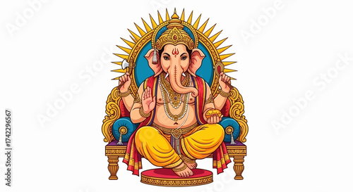 Ganesha sits crosslegged on a throne holding tools against a gold nimbus